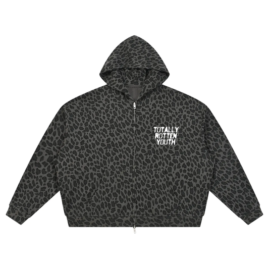 Logo Leopard Print Full Zip-Up Hoodie ( Snow Leopard )